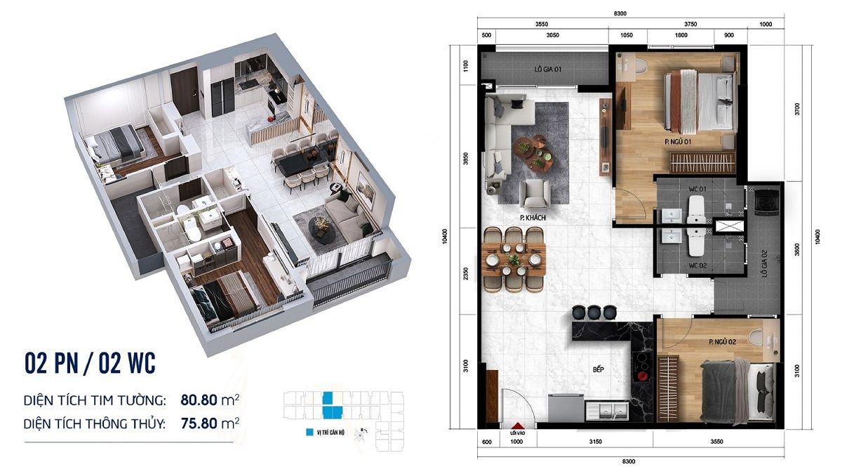 Thiết kế căn 2 ngủ đẹp và tối ưu công năng