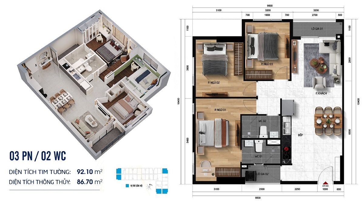 Căn hộ 3 ngủ diện tích lớn cho các đại gia đình