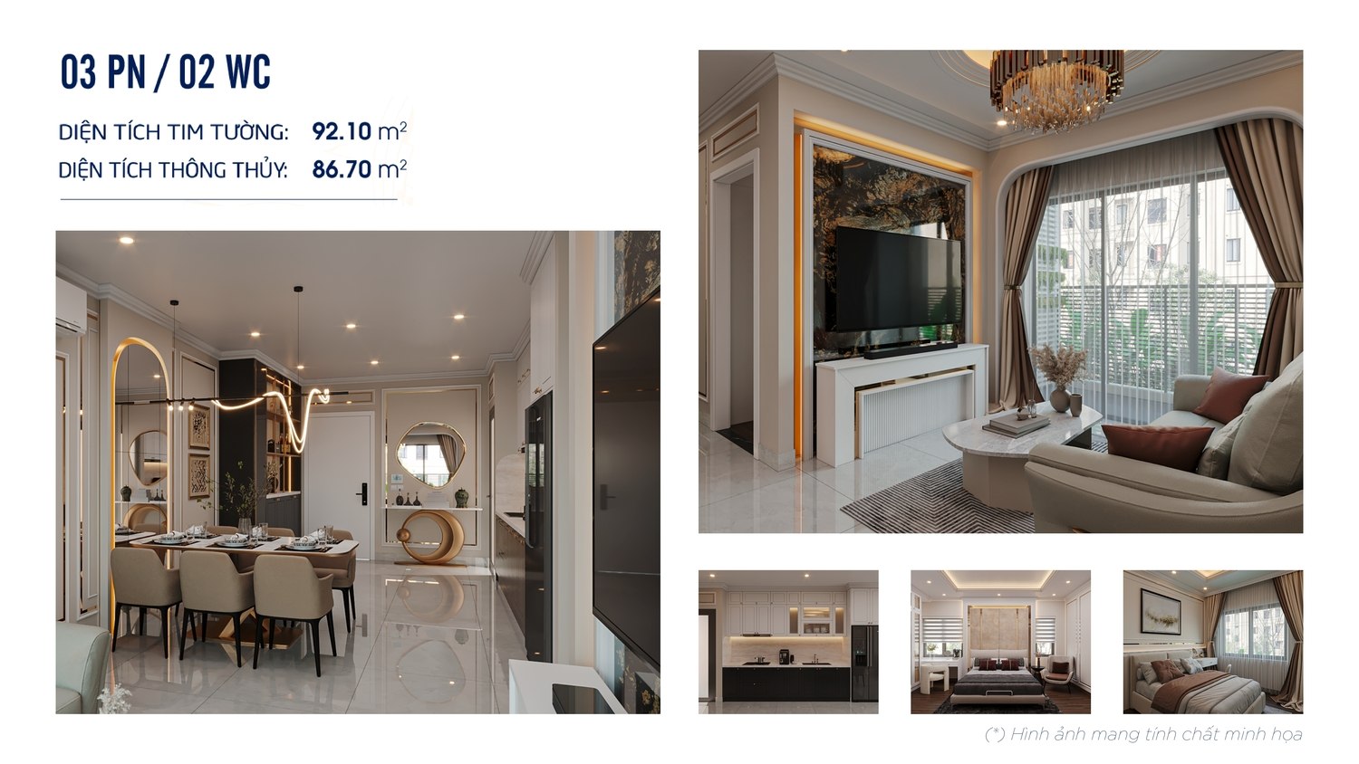 Phối cảnh căn hộ 3 phòng ngủ đầy đủ nội thất